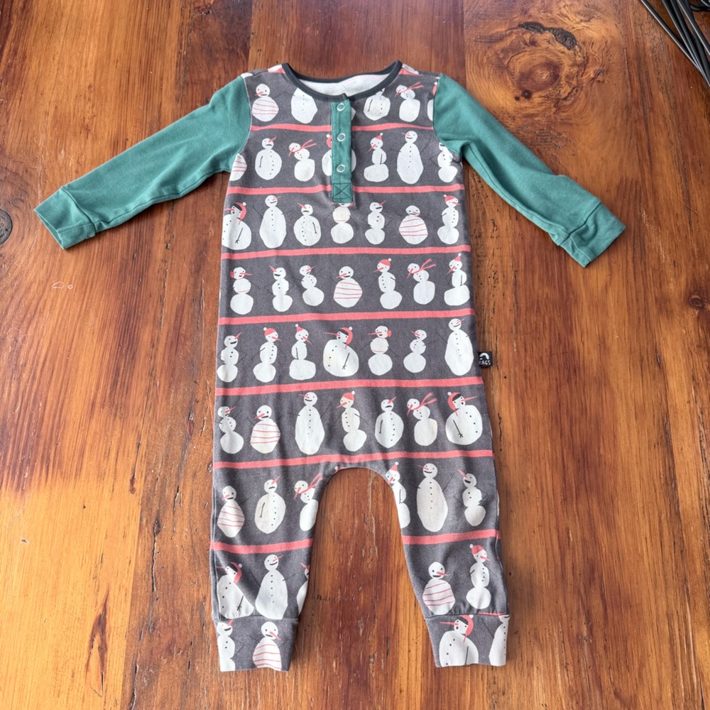 Green and Gray Snowman Print Kids One Piece